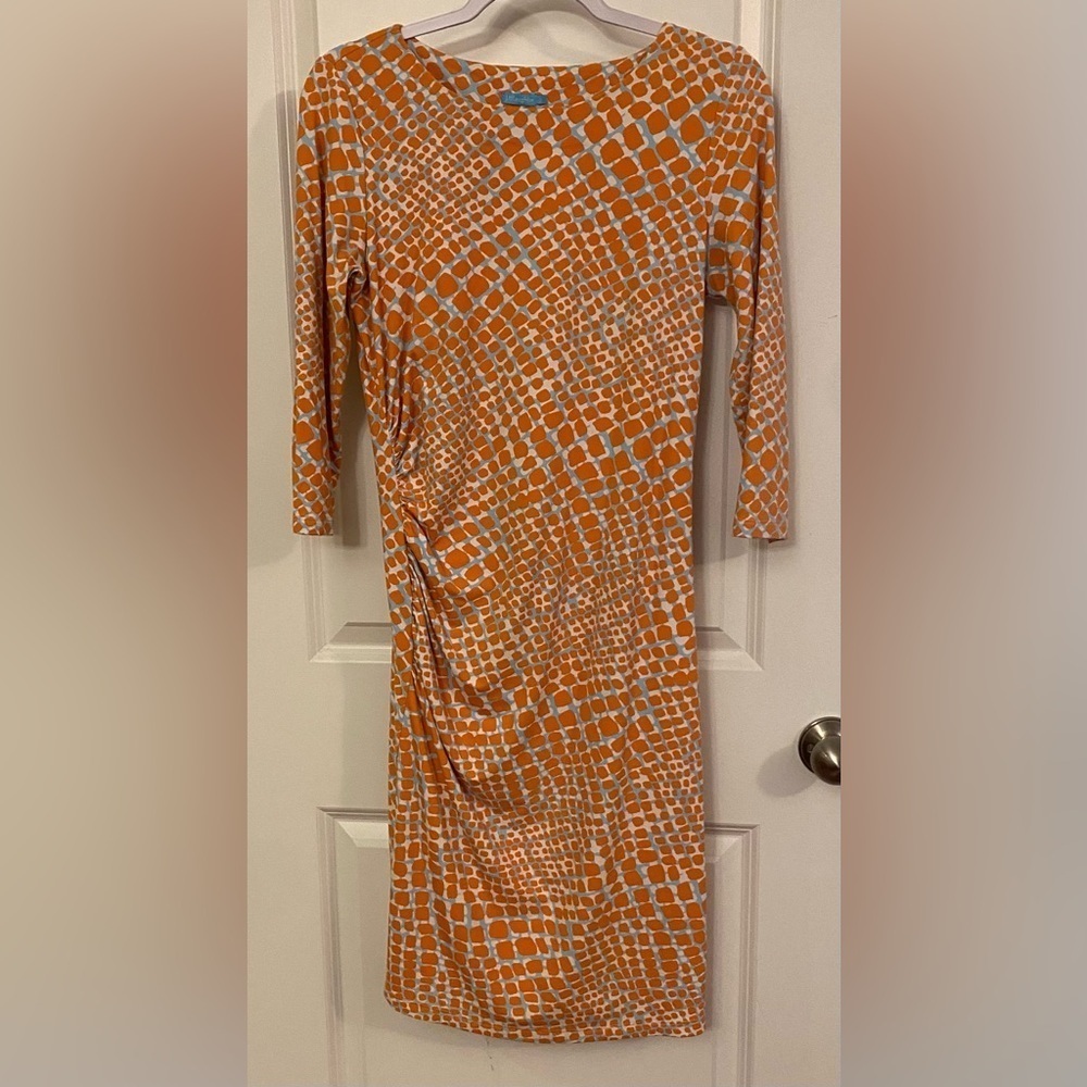 J. McLaughlin Catalina Cloth Dress Sz S 3/4 Sleeves Orange/White/Blue Abstract